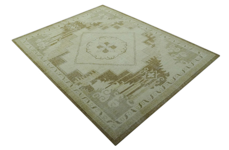 Beige and Olive 8x10 Hand Knotted Traditional Low Pile wool area rug - The Rug Decor