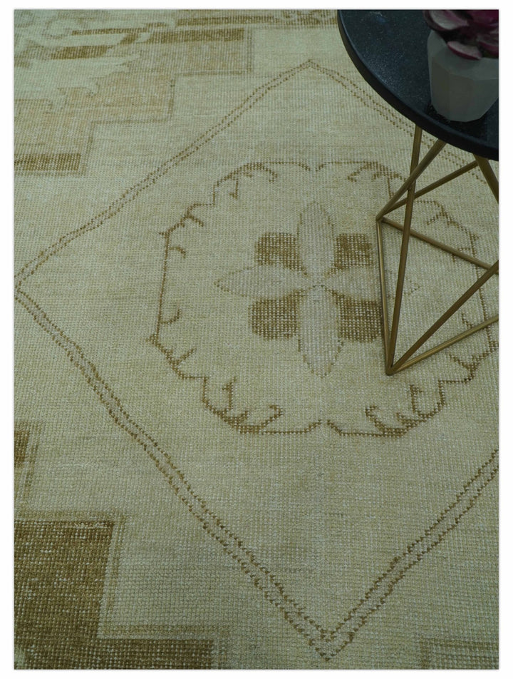 Beige and Olive 8x10 Hand Knotted Traditional Low Pile wool area rug - The Rug Decor