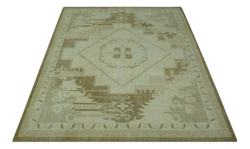 Beige and Olive 8x10 Hand Knotted Traditional Low Pile wool area rug - The Rug Decor