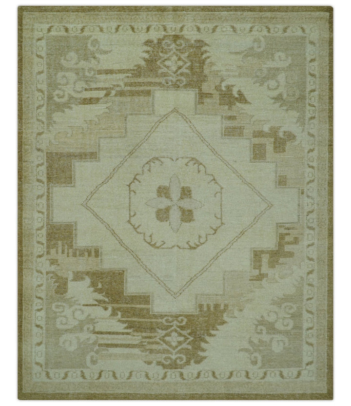 Beige and Olive 8x10 Hand Knotted Traditional Low Pile wool area rug - The Rug Decor