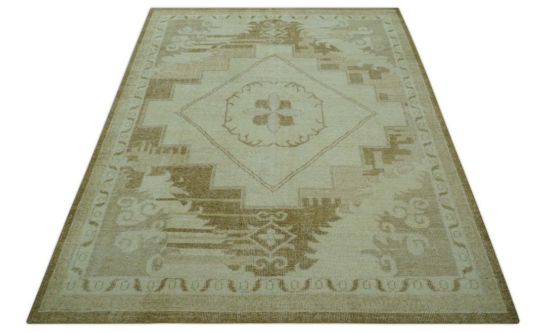 Beige and Olive 8x10 Hand Knotted Traditional Low Pile wool area rug - The Rug Decor