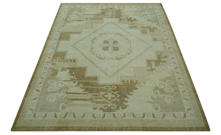 Beige and Olive 8x10 Hand Knotted Traditional Low Pile wool area rug - The Rug Decor