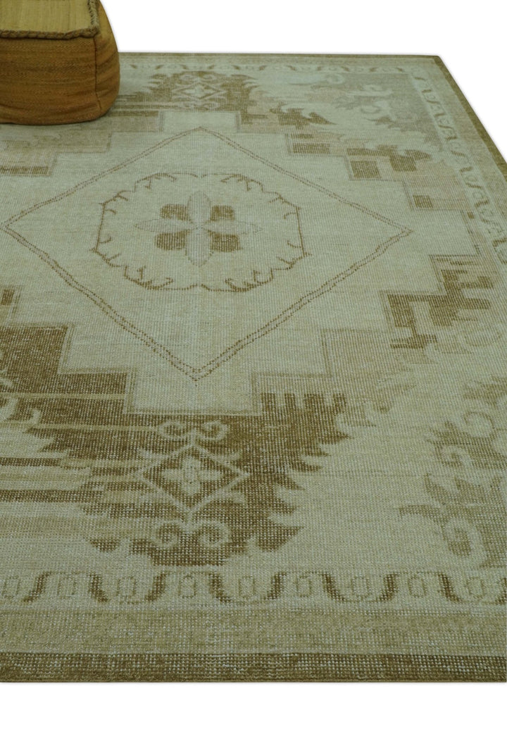 Beige and Olive 8x10 Hand Knotted Traditional Low Pile wool area rug - The Rug Decor