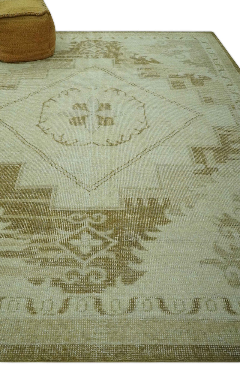 Beige and Olive 8x10 Hand Knotted Traditional Low Pile wool area rug - The Rug Decor