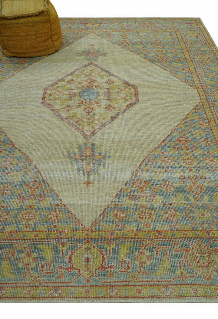 Beige and Rust Traditional Turkish Medallion Hand Knotted 8x10 Wool Area Rug - The Rug Decor