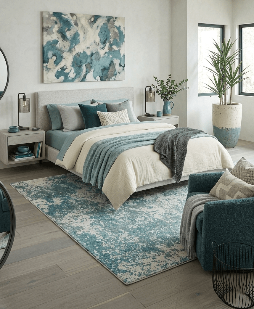 Beige and Teal Modern Abstract Wool Hand Knotted 8x10 Area Rug - The Rug Decor