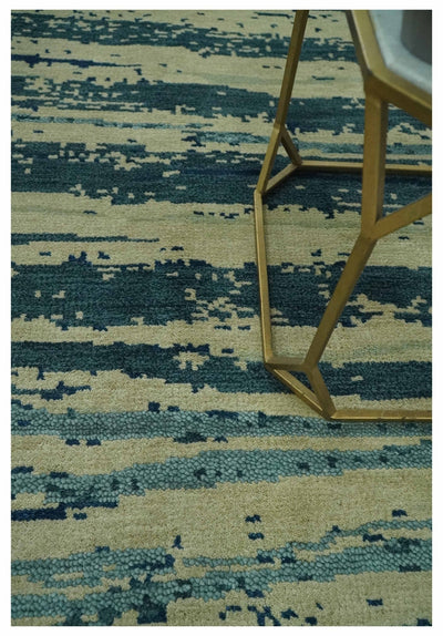 Beige and Teal Modern stripes Design Hand Knotted 5x7 wool Area Rug - The Rug Decor