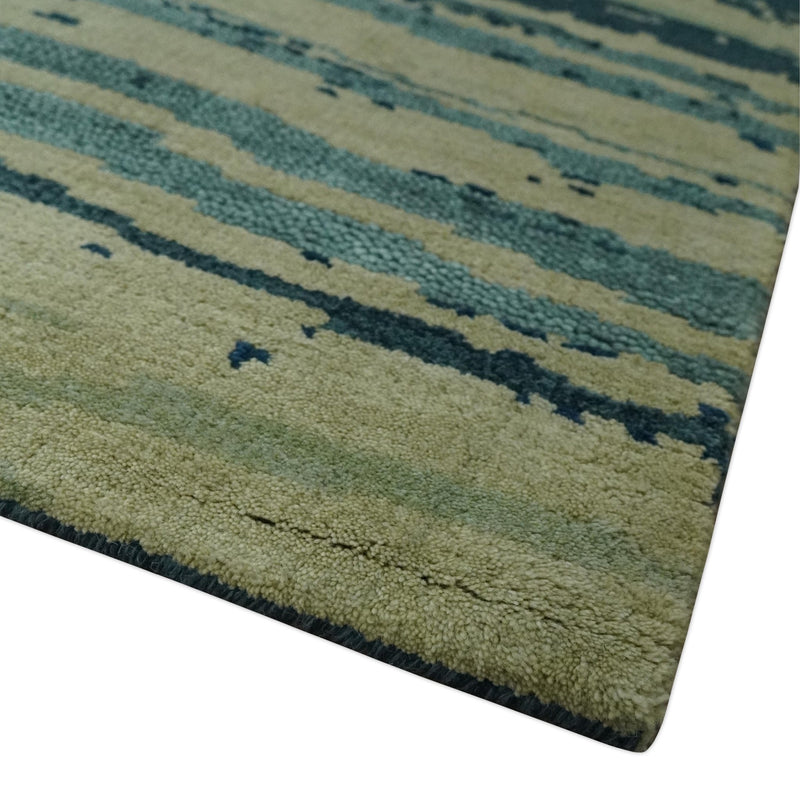 Beige and Teal Modern stripes Design Hand Knotted 5x7 wool Area Rug - The Rug Decor