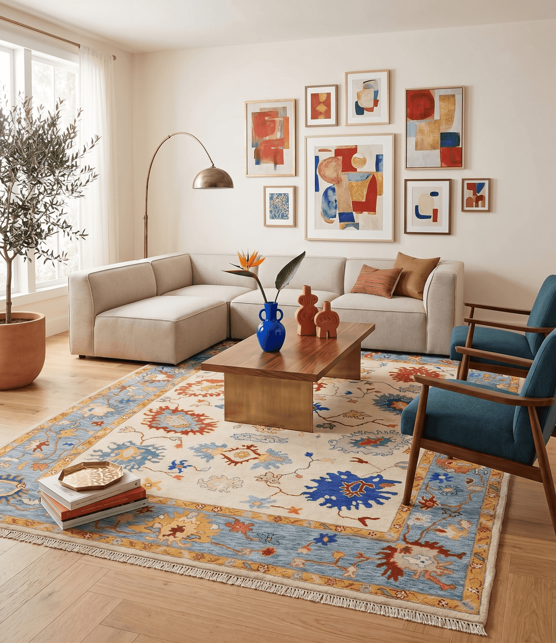 Beige, Blue and Brown Traditional Oushak Hand Knotted Custom made Wool Area Rug - The Rug Decor
