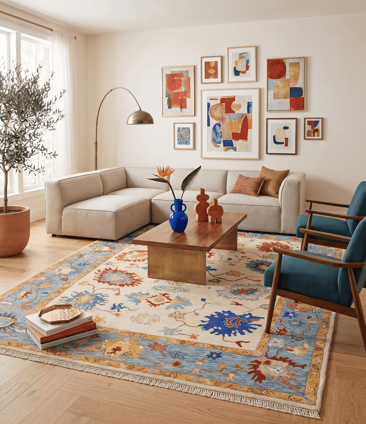 Beige, Blue and Brown Traditional Oushak Hand Knotted Custom made Wool Area Rug - The Rug Decor