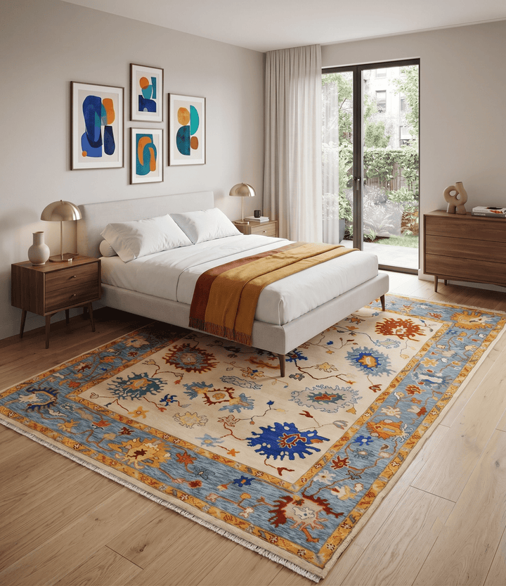 Beige, Blue and Brown Traditional Oushak Hand Knotted Custom made Wool Area Rug - The Rug Decor