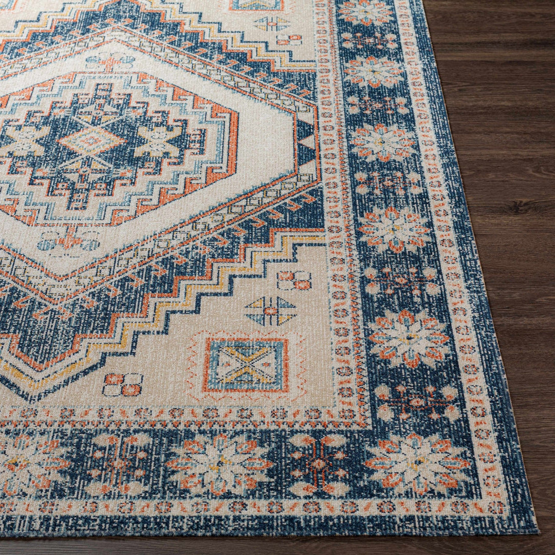 Beige, Blue and Dark Peach Traditional Heriz Mamluk Design Outdoor Safe Rug - The Rug Decor