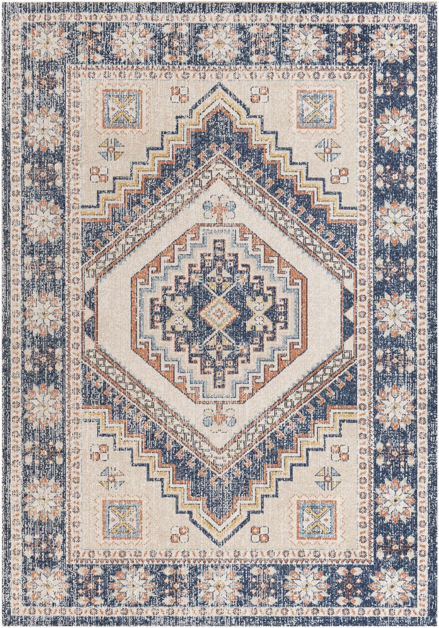 Beige, Blue and Dark Peach Traditional Heriz Mamluk Design Outdoor Safe Rug - The Rug Decor