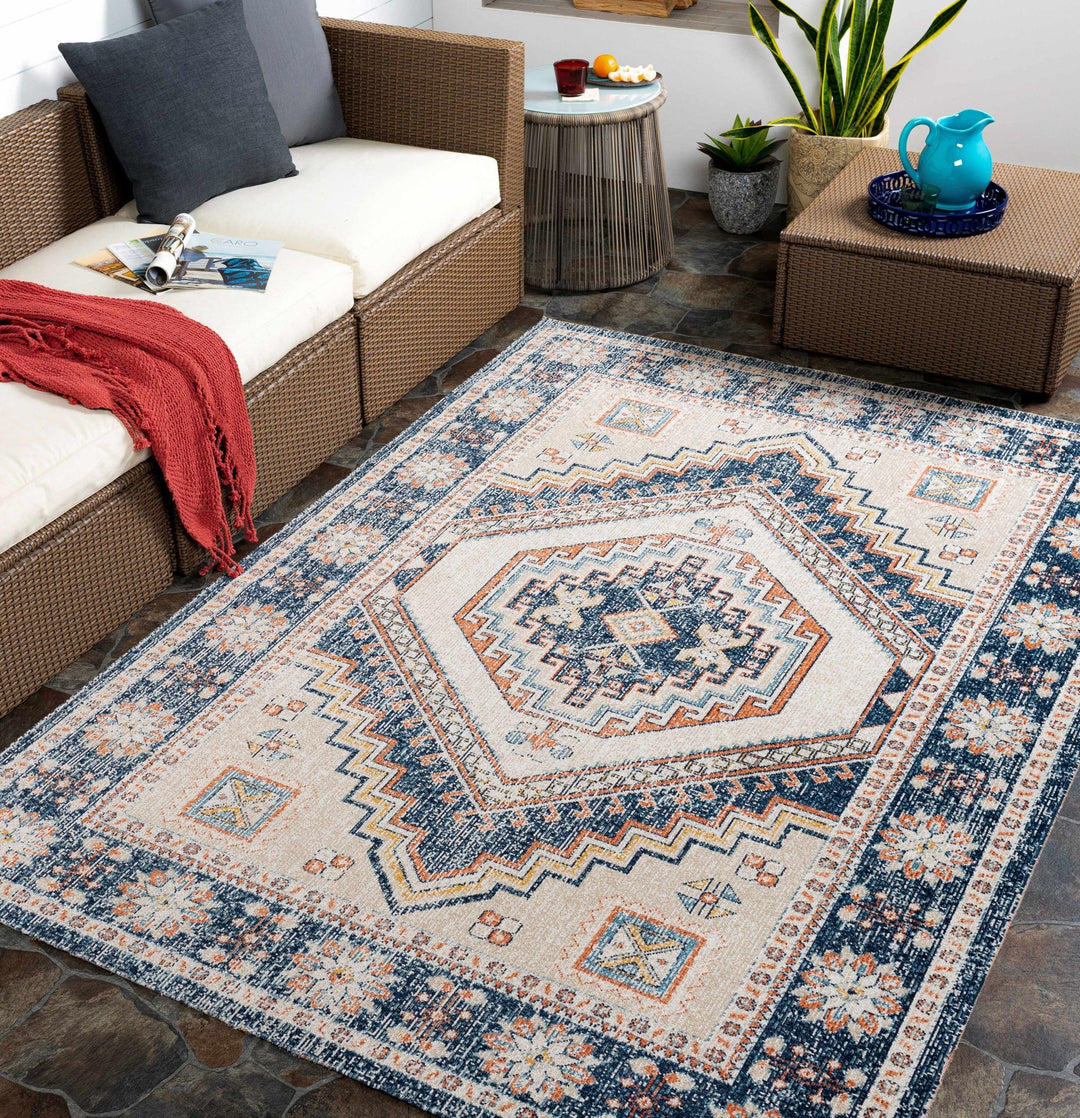Beige, Blue and Dark Peach Traditional Heriz Mamluk Design Outdoor Safe Rug - The Rug Decor