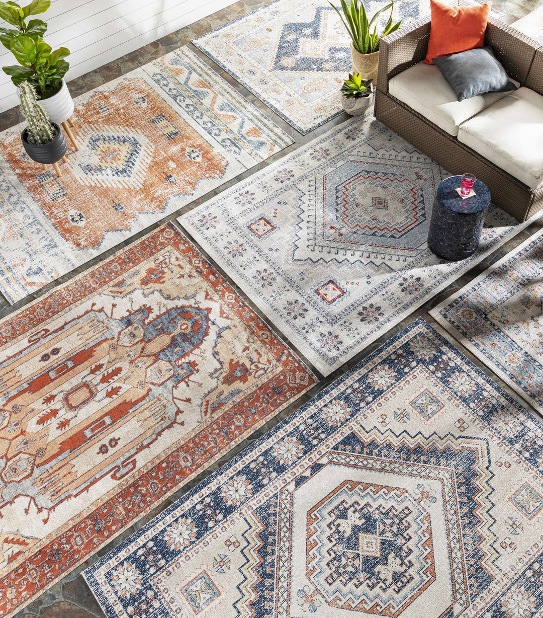 Beige, Blue and Dark Peach Traditional Heriz Mamluk Design Outdoor Safe Rug - The Rug Decor