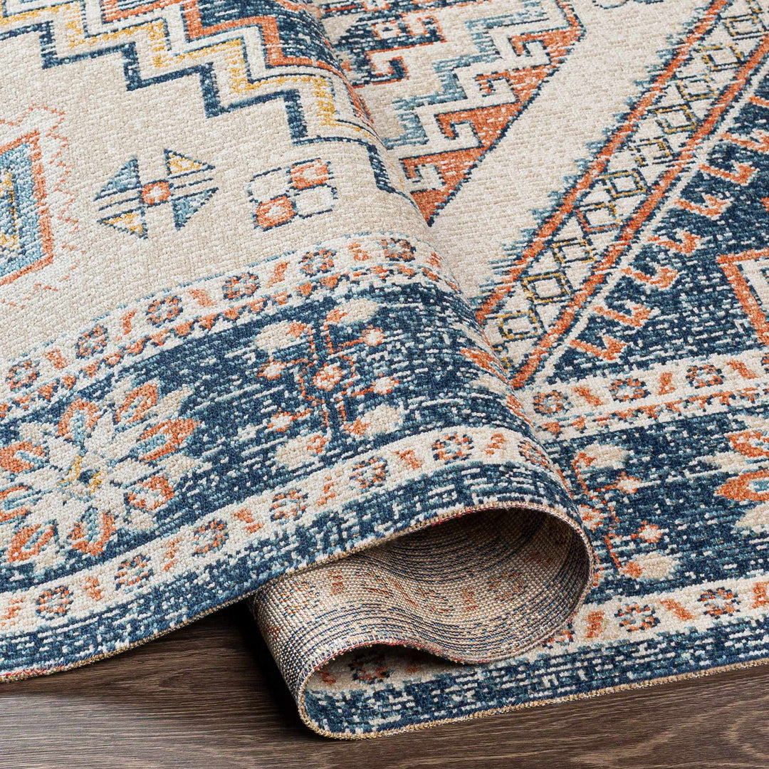 Beige, Blue and Dark Peach Traditional Heriz Mamluk Design Outdoor Safe Rug - The Rug Decor