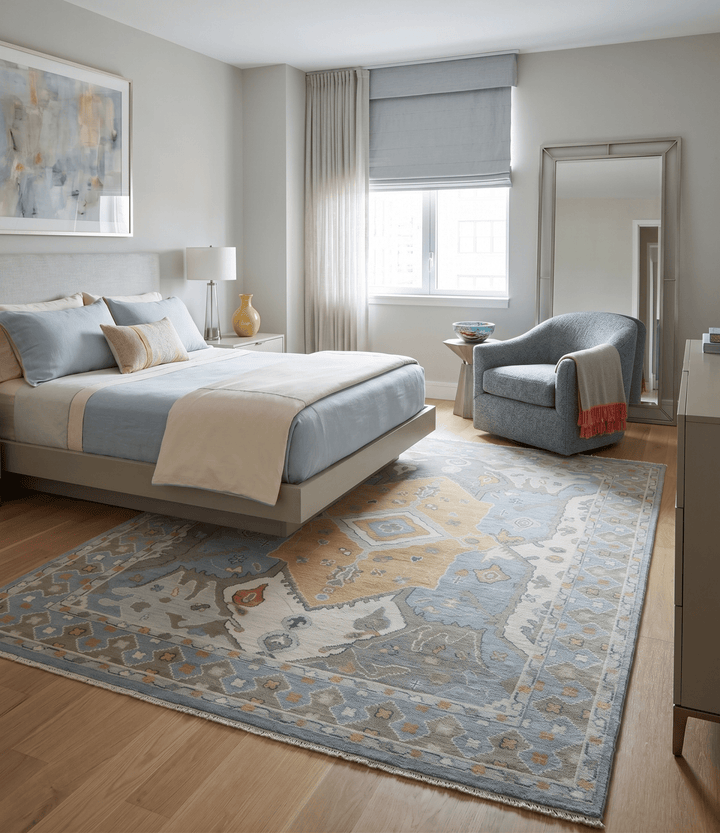 Beige, Blue and Ivory Hand Knotted Traditional Wool Area Rug - The Rug Decor