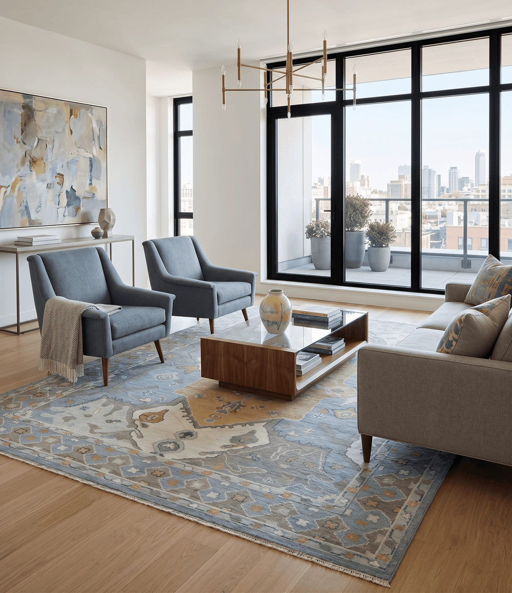 Beige, Blue and Ivory Hand Knotted Traditional Wool Area Rug - The Rug Decor