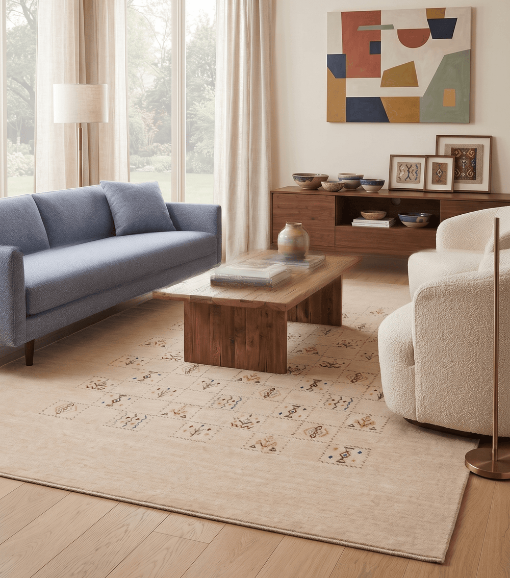 Beige Contemporary Tribal Design Hand Loomed Wool Rug - The Rug Decor