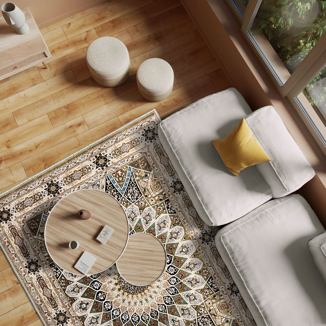 Beige Medallion Design Machine Washable Cotton Area Rug - The Rug Decor