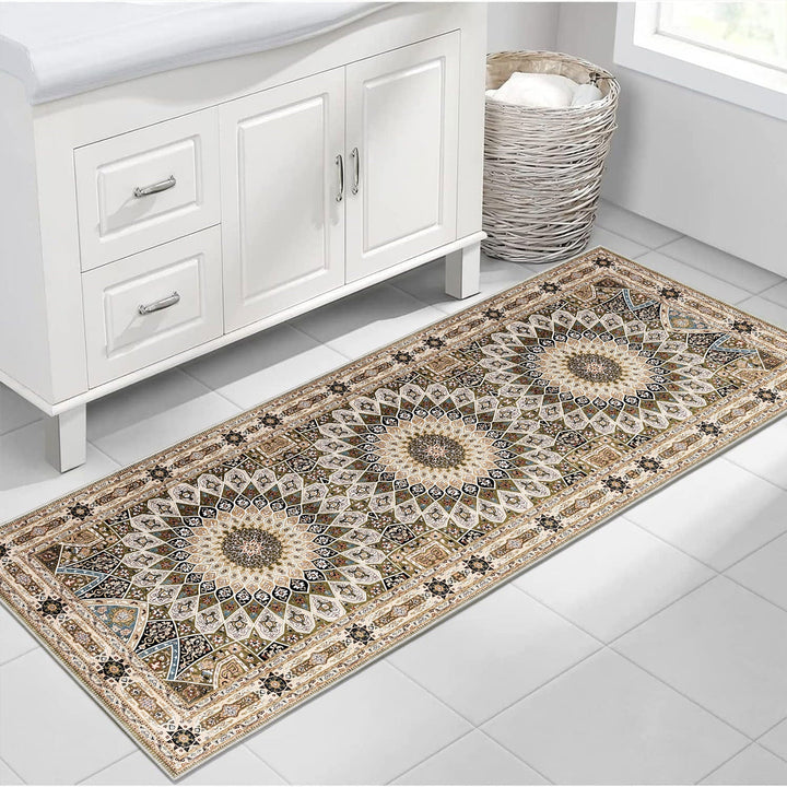 Beige Medallion Design Machine Washable Cotton Area Rug - The Rug Decor