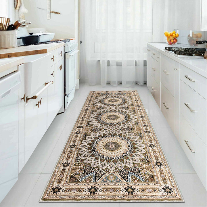 Beige Medallion Design Machine Washable Cotton Area Rug - The Rug Decor