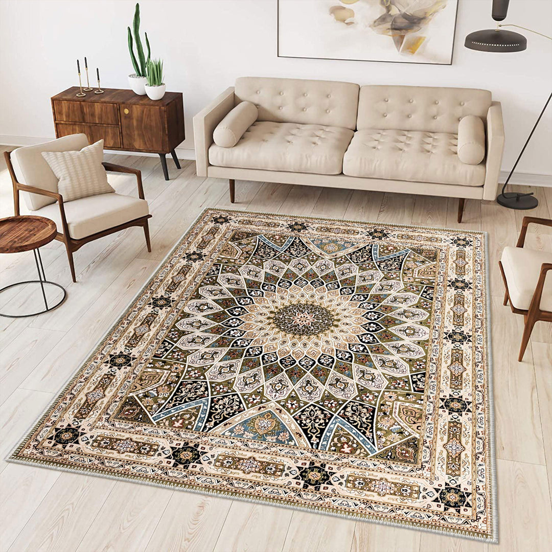 Beige Medallion Design Machine Washable Cotton Area Rug - The Rug Decor