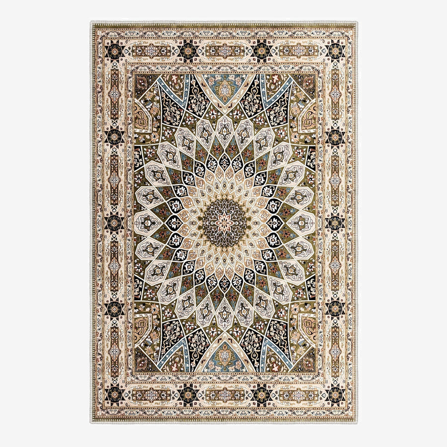 Beige Medallion Design Machine Washable Cotton Area Rug - The Rug Decor