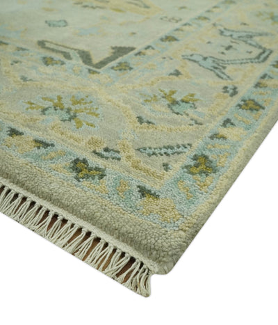 Beige, Mustard and Teal 6x9 Hand Knotted Traditional Oriental Oushak wool area rug - The Rug Decor