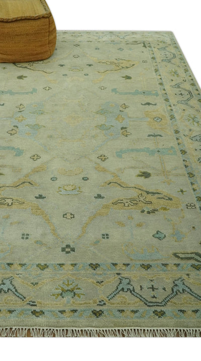 Beige, Mustard and Teal 6x9 Hand Knotted Traditional Oriental Oushak wool area rug - The Rug Decor