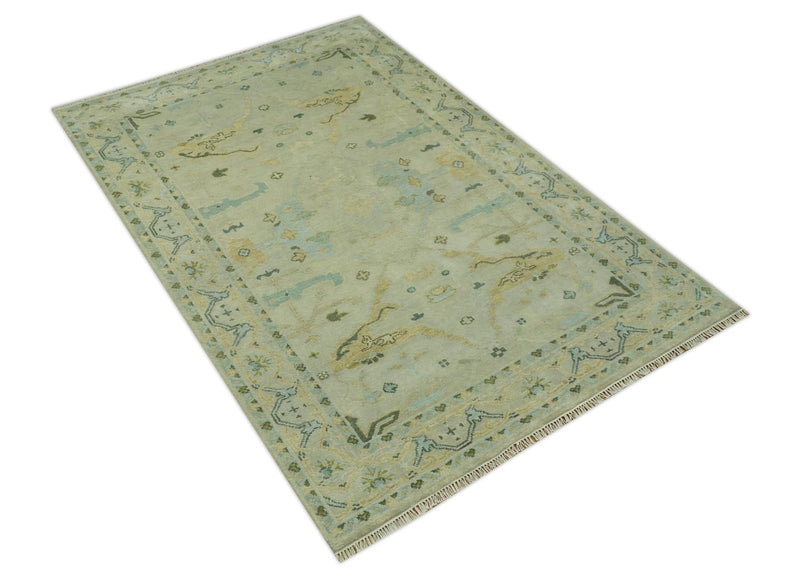 Beige, Mustard and Teal 6x9 Hand Knotted Traditional Oriental Oushak wool area rug - The Rug Decor