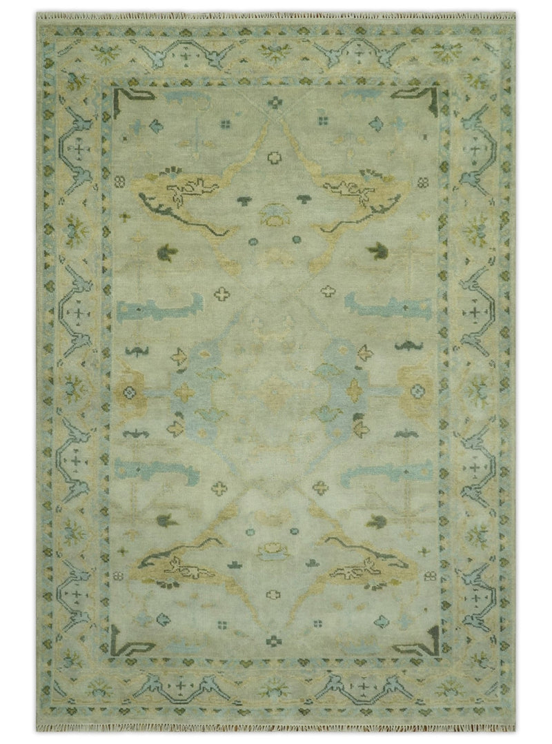 Beige, Mustard and Teal 6x9 Hand Knotted Traditional Oriental Oushak wool area rug - The Rug Decor