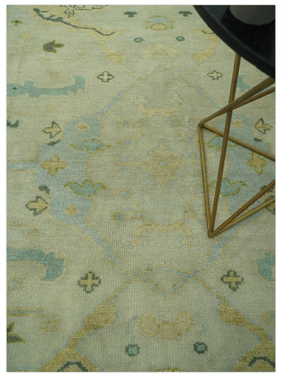 Beige, Mustard and Teal 6x9 Hand Knotted Traditional Oriental Oushak wool area rug - The Rug Decor