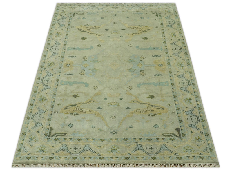 Beige, Mustard and Teal 6x9 Hand Knotted Traditional Oriental Oushak wool area rug - The Rug Decor