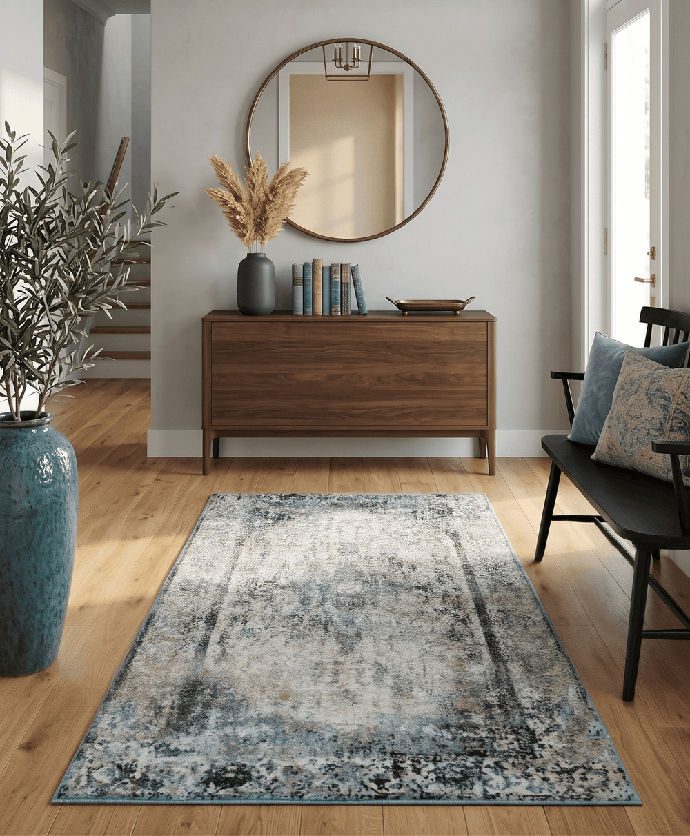 Beige, Olive and Gray and Black Antique Finish Vintage Art Silk Area Rug - The Rug Decor