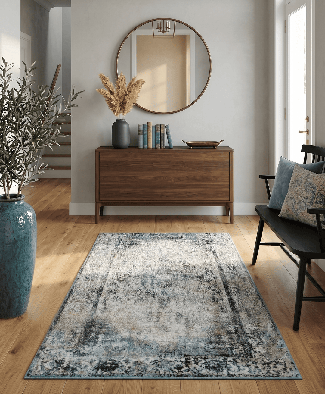 Beige, Olive and Gray and Black Antique Finish Vintage Art Silk Area Rug - The Rug Decor