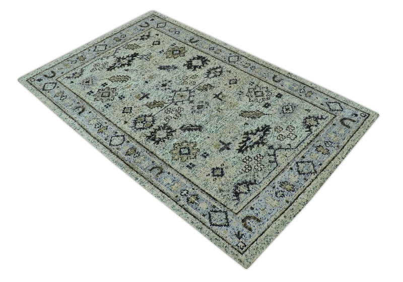 Beige, Teal and Black 5x8 Hand Knotted Traditional Art Silk area Rug - The Rug Decor