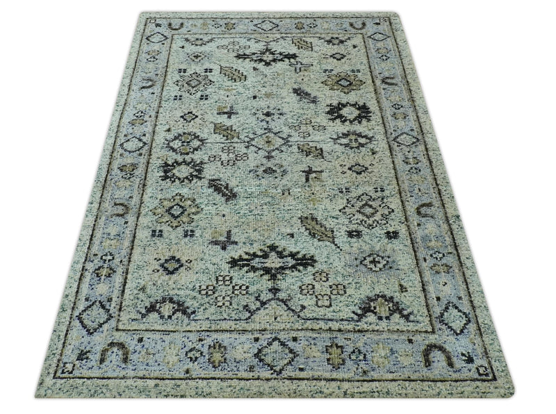 Beige, Teal and Black 5x8 Hand Knotted Traditional Art Silk area Rug - The Rug Decor