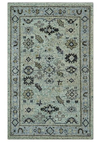 Beige, Teal and Black 5x8 Hand Knotted Traditional Art Silk area Rug - The Rug Decor