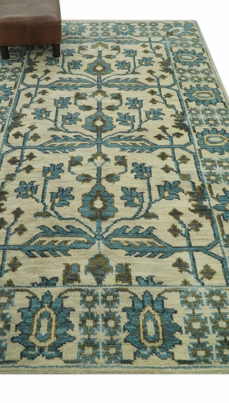 Beige, Teal and Charcoal Traditional Large Design Hand Knotted 5x8 wool Rug - The Rug Decor