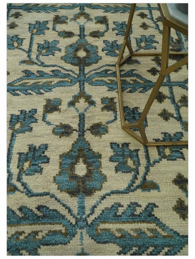 Beige, Teal and Charcoal Traditional Large Design Hand Knotted 5x8 wool Rug - The Rug Decor