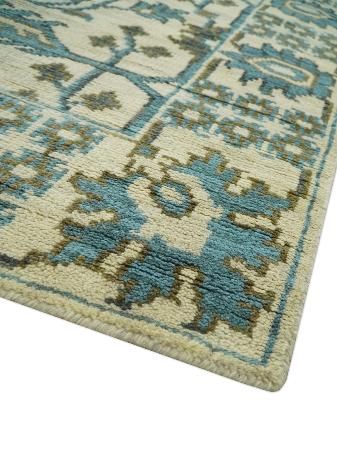 Beige, Teal and Charcoal Traditional Large Design Hand Knotted 5x8 wool Rug - The Rug Decor