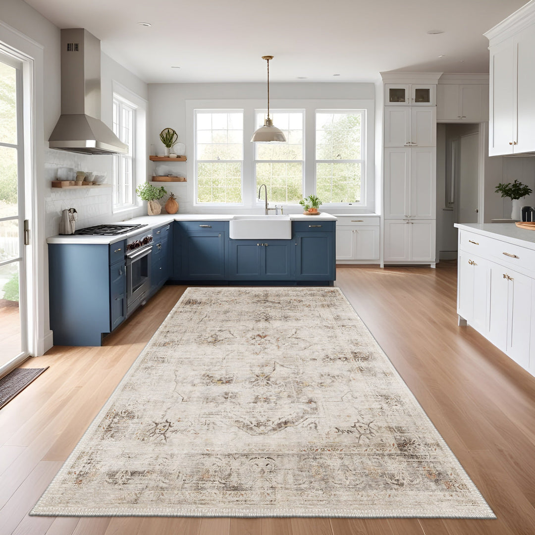 Beige Traditional Floral Machine Washable Cotton Rug - The Rug Decor