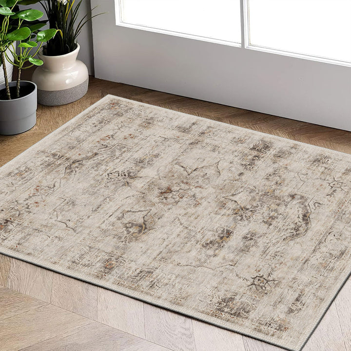 Beige Traditional Floral Machine Washable Cotton Rug - The Rug Decor