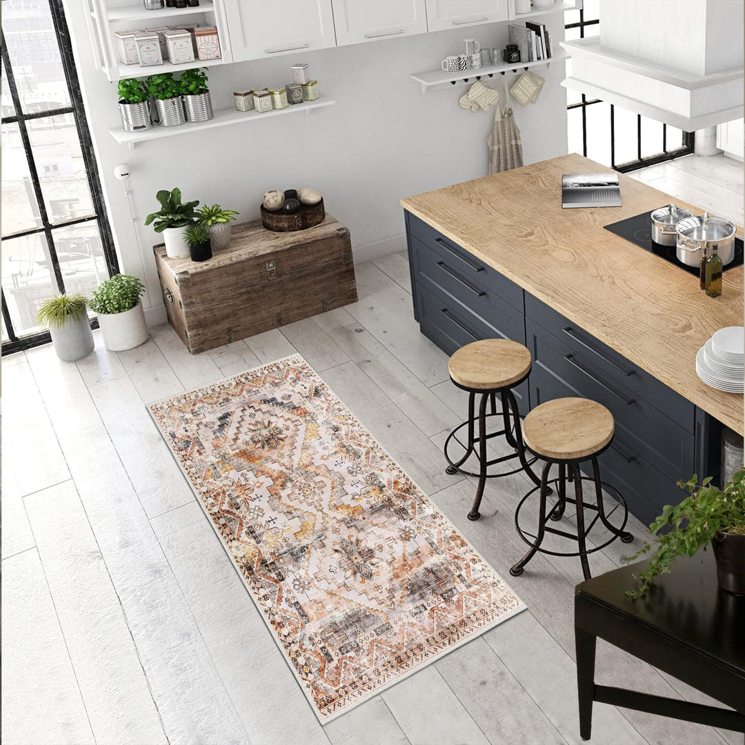 Beige Traditional Style Machine Washable Cotton Area Rug - The Rug Decor