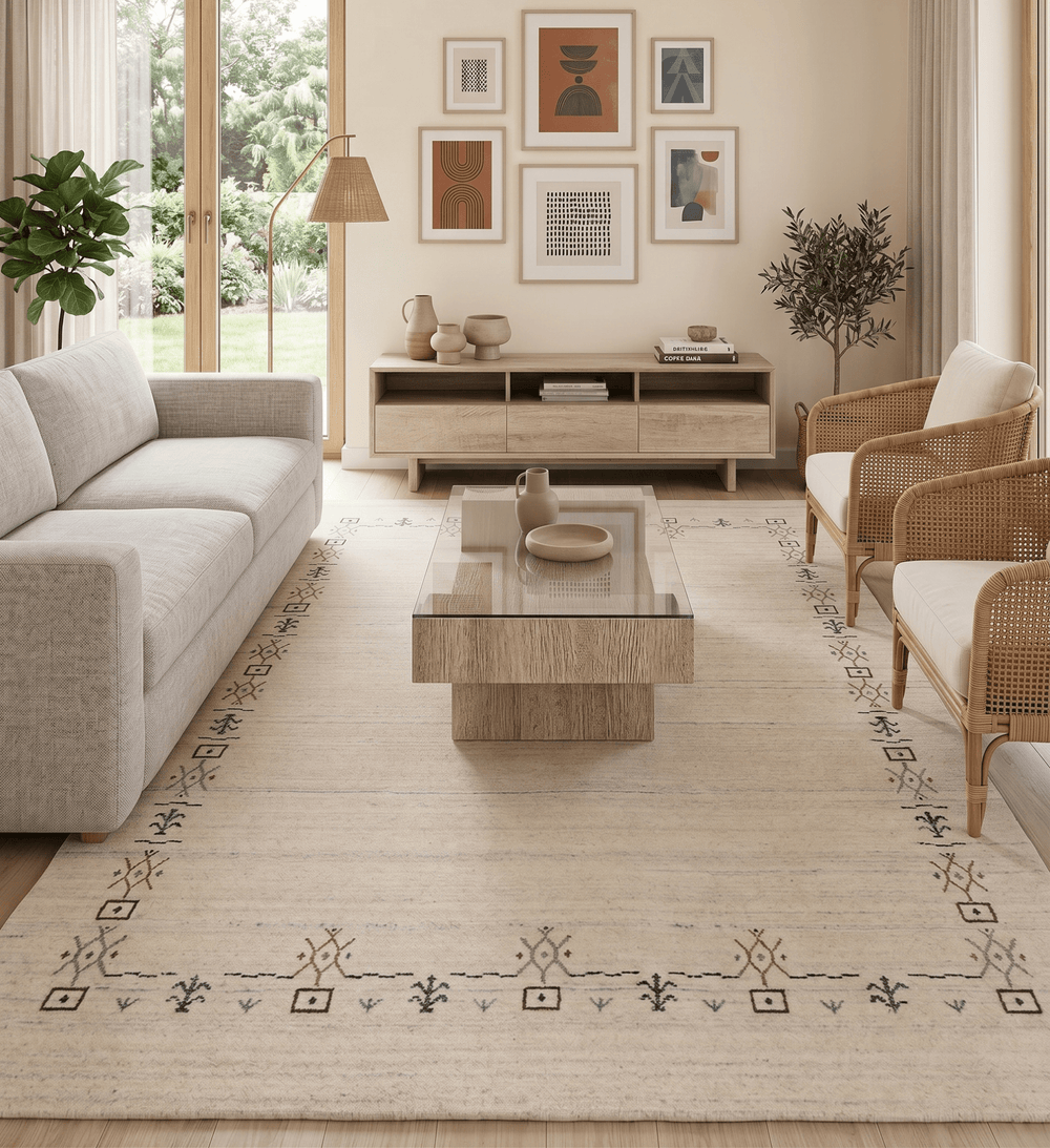 Beige Tribal Border Hand Loomed Wool Area Rug - The Rug Decor