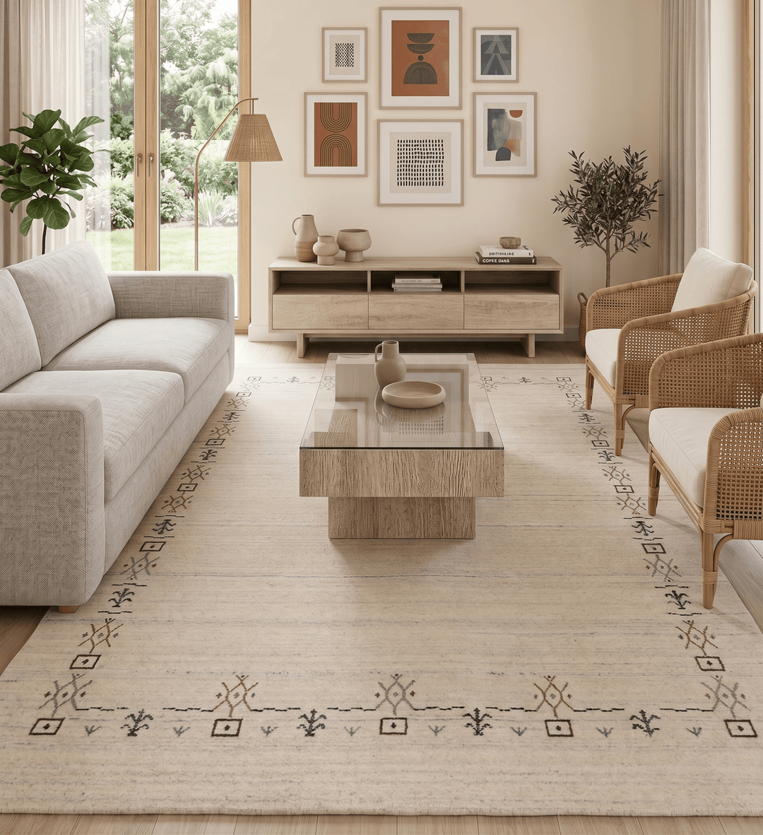 Beige Tribal Border Hand Loomed Wool Area Rug - The Rug Decor