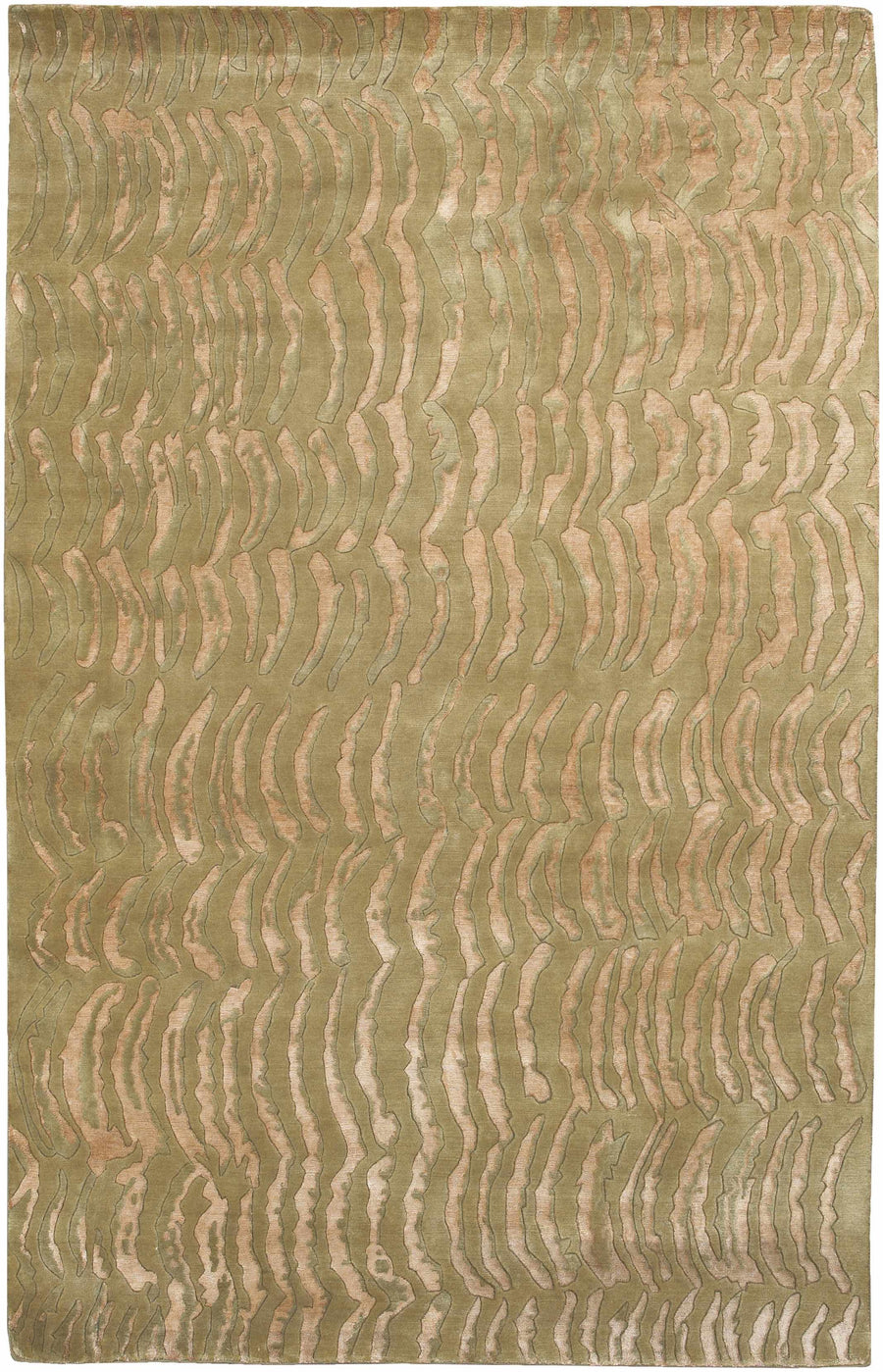 Modern abstract hand-knotted area rug in olive and camel, full rectangular view