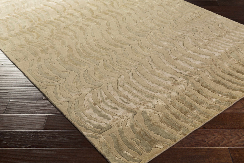 Modern abstract hand-knotted area rug, olive and camel tones, corner angle view