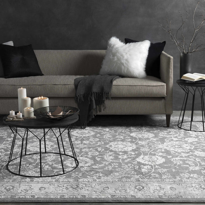 Benavides Gray And Ivory Traditional Floral Design Area Rug - The Rug Decor